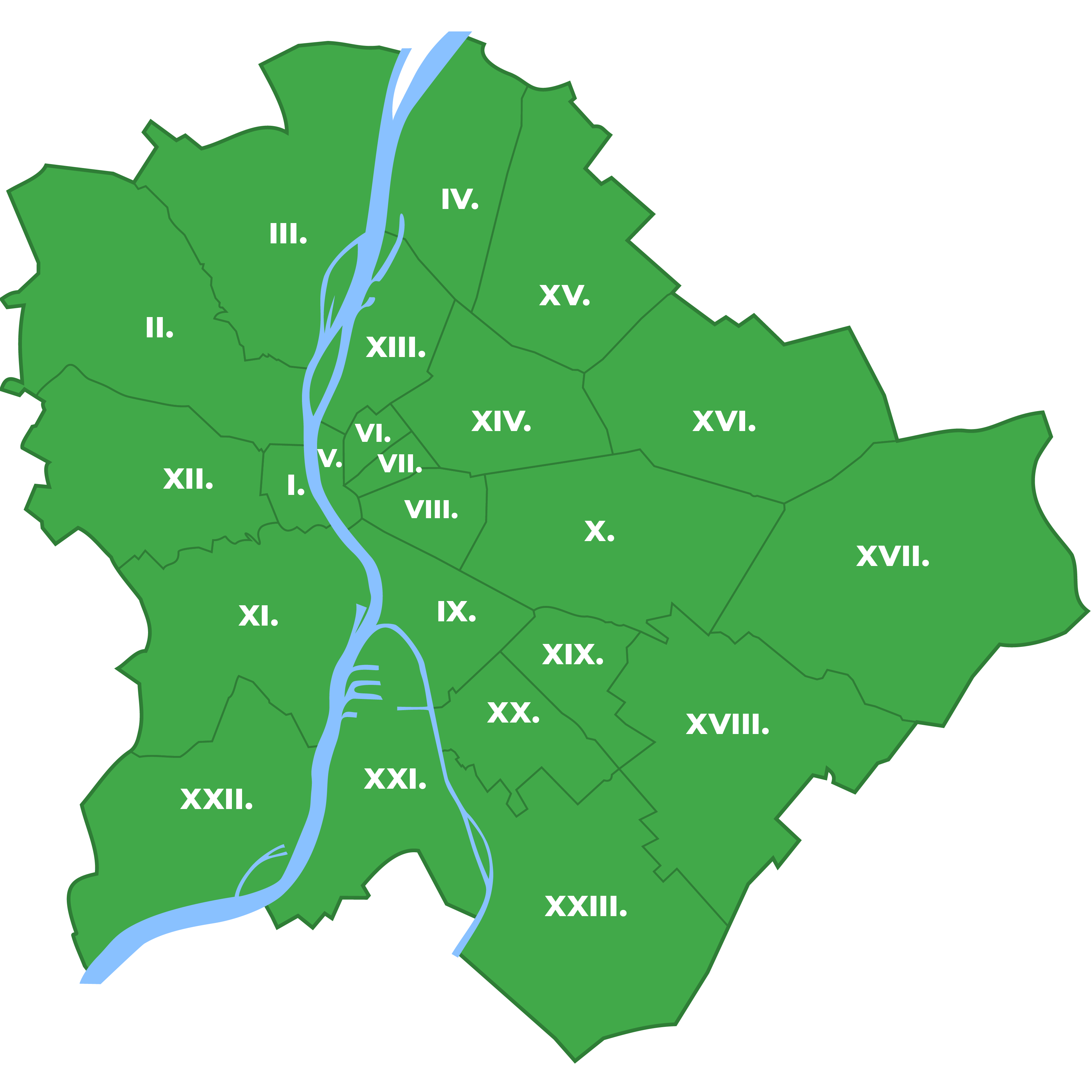 Budapest kerületeinek térképe az expressz kiszállítási lefedettséggel